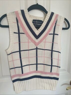 Vintage Ralph Lauren V-Neck Sweater Vest Cream, Pink & Navy Size S